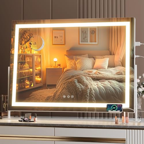 Hasipu Schminkspiegel mit Beleuchtung 75 x 54 cm, LED Kosmetikspiegel mit Handyhalterung und USB-Ladeanschluss, 360° Drehung Tischspiegel für Make-up Gerade Weiß