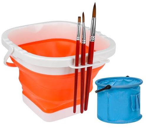 SHIDOW Paint Brush Washer Folding Painting Water Cup, 2Pcs Silicone and Rubber Paint Brush Bucket with Brush Holder, Paint Brush Washer, Outdoor Watercolor, Oil, Gouache Painting (Orange and Blue)