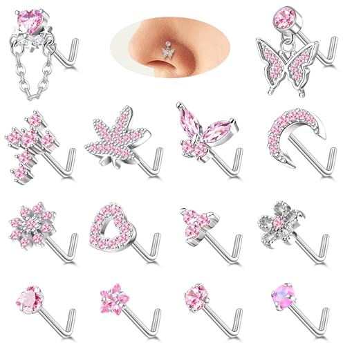 MILACOLATO 14 stycken 20 g näspiercing kontakt för kvinnor hänge 14K guld silver rostfritt stål näsbult L S form korkskruv piercing hjärta måne näsa stud nostril piercing för kvinnor, 20er Stärke