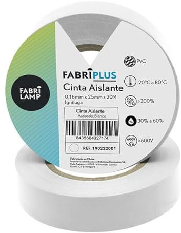 Brightium Cinta aislante PVC blanca 25mmx20m, flexible y duradera, ideal para trabajos eléctricos y protección de cables.