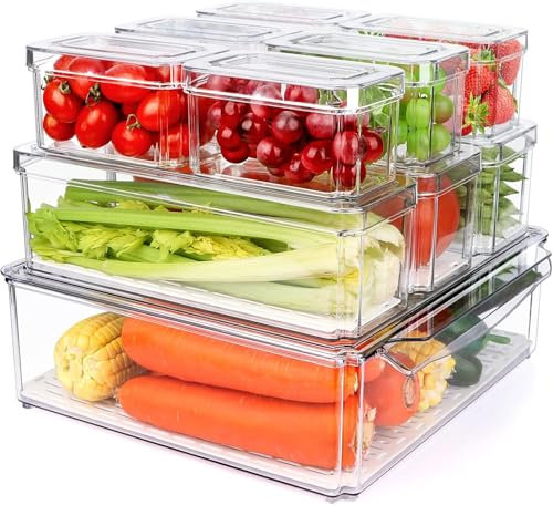 IVODEELA Kühlschrank Organizer,10 Stück Stapelbare Kühlschrank Organizer Set mit Deckel,Klar BPA-frei Fridge Organizer,Aufbewahrungsbox Kühlschrank für Lebensmittel,Obst,Gemüse,Eier
