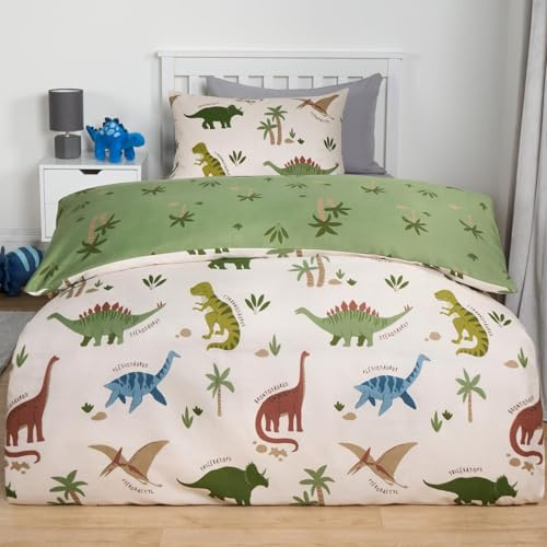 OHS Single Duvet Cover Set, Super Soft Cosy Comfy Fabric Stylish Educational Dinosaur Print Reversible Single Duvet Set with 1 Pillowcase For Kids Bedroom, Green