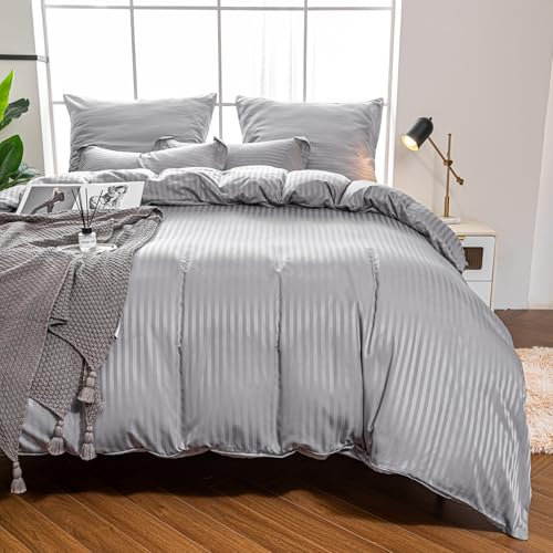 Amolavet Bettwäsche 135x200 2 teilig Set Hotel Streifen Grau mit Reißverschluss für Einzelbett Hotel Bettwäsche 135x200 Mako Satin Damast Streifen Mikrofaser für Ganzjährig Warm Weich Bügelfreie