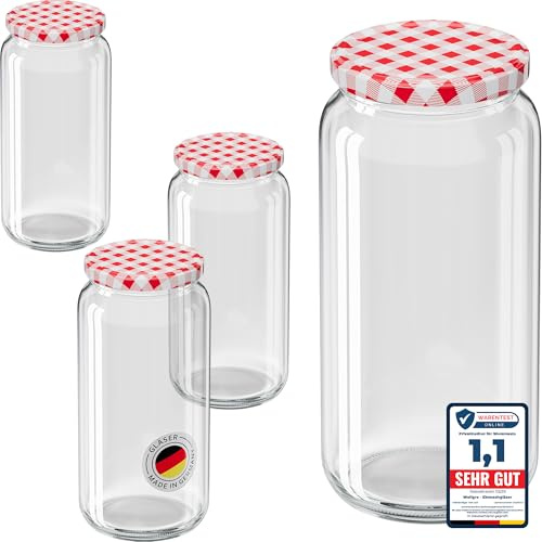 WELLGRO Einmachgläser mit Schraubdeckel TO 82 – rot kariert - Made in Germany - Luftdichte Rundgläser ideal zum Einkochen und Aufbewahren (1045ml x 3 Stück)