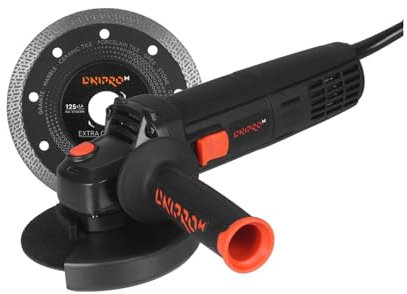 Dnipro-M GS-120S Amoladora Angular, 1200 W, Disco 125 mm, 3,000-10,500 RPM, Con Mango Adicional, Disco Diamantado125 22,2 mm, Protecciones Incluidas, Cable 3 m, Ideal para Corte y Desbaste