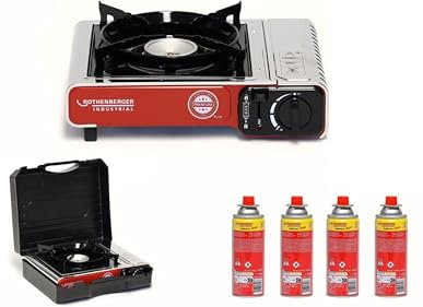 ROTHENBERGER Industrial Campingkocher PREMIUM inkl. 4 Gaskartuschen | inkl. Tragekoffer | 1-flammig Gaskocher Camping Gas Kocher Kartusche | für Töpfe 12-26 cm