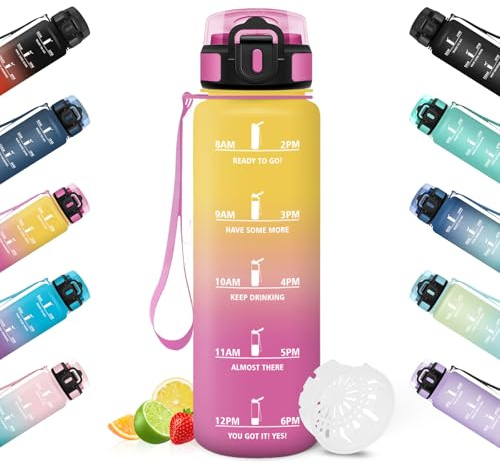 HoneyHolly Trinkflasche 1L, Zeitmarkierung, Wasserflasche, Auslaufsicher, Trinkflasche Sport, Wiederverwendbar, Water Bottle für Fitnessstudio, Radfahren, Büro, Outdoor, Wasserflasche Auslaufsicher