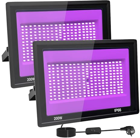 2 Stück 200W LED Schwarzlicht Strahler, IP66 UV Schwarzlicht Fluter, 395-400nm LED UV Strahler, UV Licht mit Schalter Für Halloween Dekorationen,Party Deko, Weihnachten, Neon Glühparty, Körperbemalung