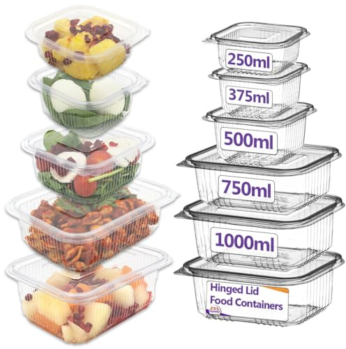 Bag Market | 50 x Clear Plastic Hinged Lid Food Containers - 500ml (Medium) | Reusable Clamshell Disposable Takeaway Tubs - Suitable for; Cakes, Cookies, Salads, Pasta, Sandwiches, Dessert