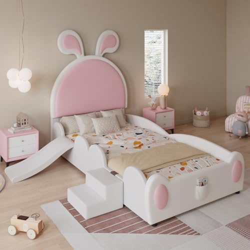 OOIILLEE Lit Enfant rembourré 90x200cm avec Petit escalier et Toboggan, lit Enfant Simple avec sommier à Lattes, tête de lit avec Oreilles de Lapin, PU, Blanc + Rose