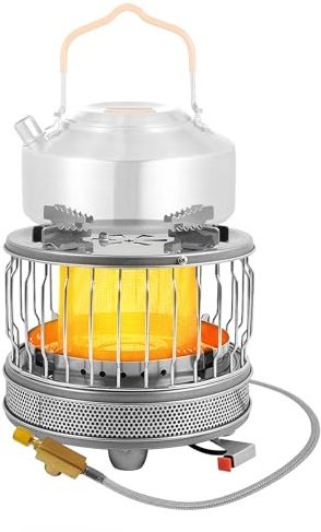 Chauffage de camping pour tentes, 4000 W en acier inoxydable 2 en 1, chauffage extérieur à gaz, compatible avec triple poêle coupe-vent pour chauffage extérieur et cuisine