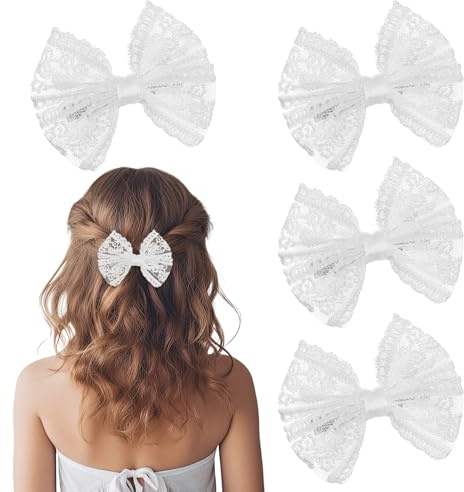 4Pcs Girls White Hair Bow, Cute Lace Bow with Alligator Clips for Flower Girl Hair Accessory Wedding Hairpins Party Dress Decor, 3 Inch