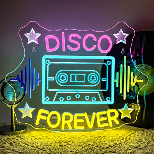 ineonlife Disco Forever Neon Schild Disco Led Schild Led Schriftzug für Wand Dekor Kassettenrecorder Leuchtschilder Zeichen für Disco,Retro Themenparty,Bar,Maskenball,Party,Zimmer
