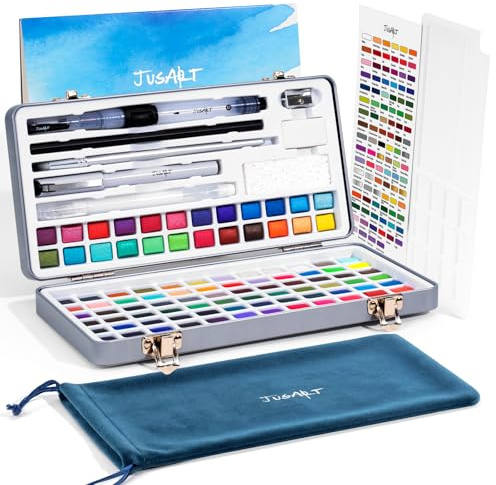 JusArt Set de acuarelas 108 colores, material artístico con colores metálicos, pinceles de detalle, rotuladores de agua, set de acuarelas portátil de viaje para adultos, artistas y profesionales