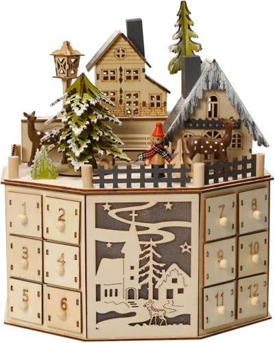 Adventskalender aus Holz 2025 zum Befüllen mit 24 Schubladen, Weihnachtskalender mit LED-Lichtern und Musik-Sound, Countdown-Kalender-Ornament Wiederverwendbarer (25×18.5×30cm)