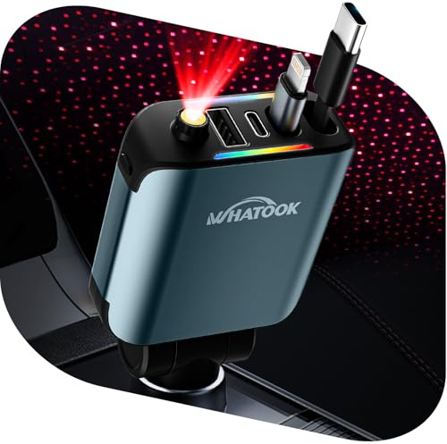 WHATOOK Encendidor de cigarrillos Cargador de automóvil: 【2025 Super Compact】 66W USB C Cargador de automóvil rápido móvil con cielo estrellado led, Cable de carga extraíble para iPhone/Samsung Galaxy