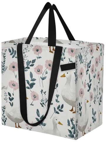 miaozhen Große Canvas-Tragetasche, dicke Einkaufstasche, Einkaufstasche, Einkaufstasche, für Herren, Einkaufstasche, Stockente, Blumenmuster, gebrochenes Weiß