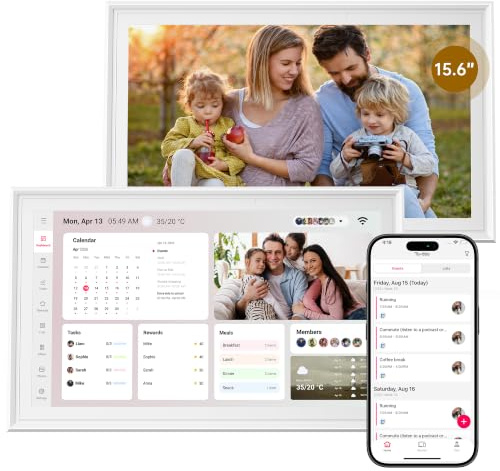 HGFRTEE 15,6 Pouces Calendrier Numerique Mural Familial– IPS Écran Tactile 1920×1080P, Planificateur Familial Intelligent avec 32 Go, Cadre Photo Numérique WIFI, Connexion Google/iCloud/Outlook