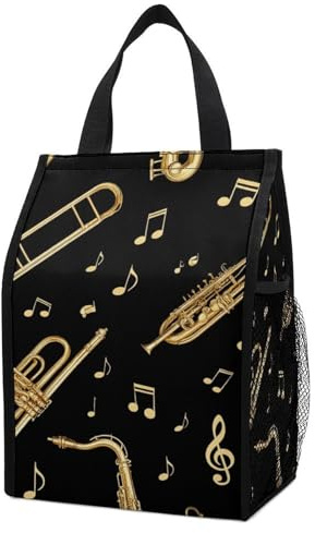 HEBVASS Insulated Food Storage Bag with Pockets, Gold Trumpet Trombone French Horn Black, Leak-Proof Foldable Thermal Cooler for Work, Picnics
