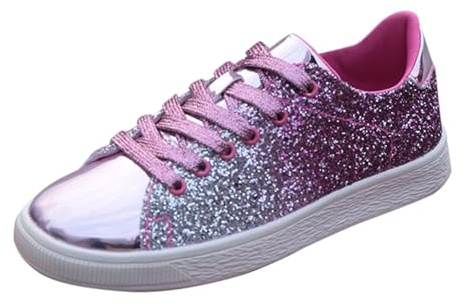 Dammode sneakers glänsande glitter paljetter snörning träningsskor lätta avslappnade promenadskor bekväma platta sneakers för fest fritid dagligen dagligen, Rosa, 38 EU