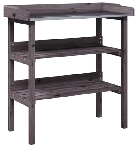 Owoxanthellate Tavolo da giardinaggio in legno grigio, con piano zincato, per giardino, balcone, terrazza, scaffale per piante con ripiani, in legno di abete, 78 x 38 x 82,5 cm