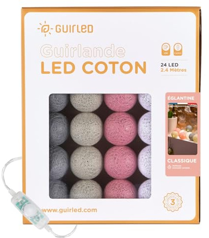 GuirLED - LED - Lichterkette mit Kugeln aus Baumwolle mit USB – Nachtlicht für Babys 2 Stunden – Netzadapter mit 2 A USB 2 A im Lieferumfang enthalten – 3 Intensitäten – 24 Kugeln 2.4 m – Halbkugel