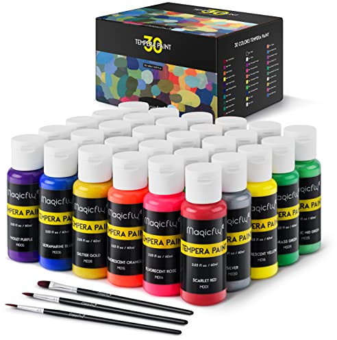 Magicfly Tempera - Vernice 30 bottiglie da 60 ml, per adulti, lavabile, con dita, manifesti, artigianato fai da te, non tossico, colori glitterati, metallici, fluorescenti e di base