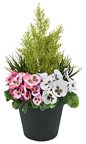 Artificial Pink and White Faux Silk Pansies with Grasses/Conifer Topiary in a Black Pot Patio Planter Ideal for Home, Patio, Garden Outdoor Living 60cm/23.5in