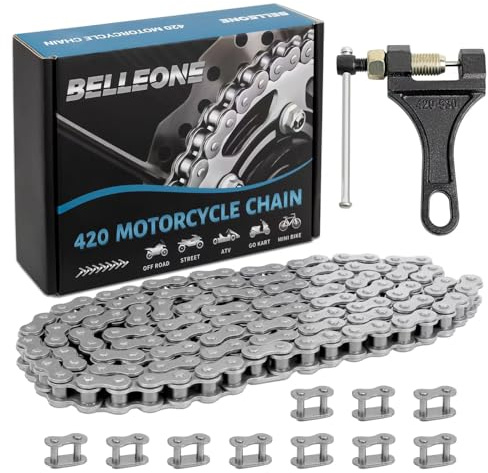 Belleone 420 Motorcycle Chain - 420 Standard Roller Chain 132 Link + Chain Breaker Fits for 50 70 90 110cc 125cc Pit Dirt Bike ATV Quad Go Kart Scooter Mini Bike Parts with 10 Free Master Links