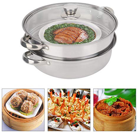 Tyenaza Vaporera Acero Inoxidable de 2 Capas, Vaporera para Sopa con Tapa de Vidrio Transparente Diseño Poroso para Cocina, Comedor (27 * 27 * 19.5cm)