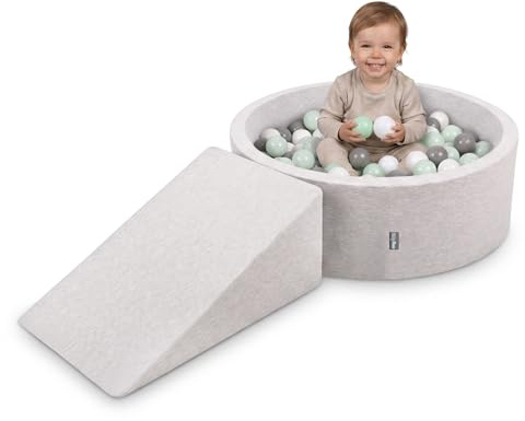 KiddyMoon Skumlekplats för barn med runt bollhav (200 bollar). Hinderbana, ljusgrå: vit / grå / mint