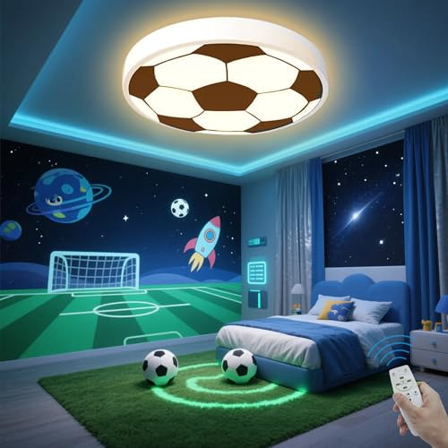 DROMEZ Fußball Deckenlampe LED 48W Ø40cm, Dimmbar mit Fernbedienung | Fussball Lampe Decke, 3000K-6000K Lichtfarbe, Deckenleuchte für Kinderzimmer, Jungenzimmer und Spielzimmer