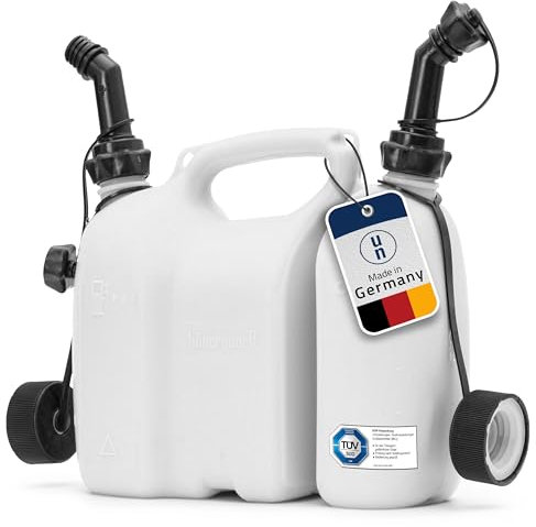 hünersdorff Bidoni matrimoniali/Bidoni combinati per carburante ed olio con 2 tubi di scarico, 3 + 1,5 litri, omologazione UN, Made in Germany, bianco