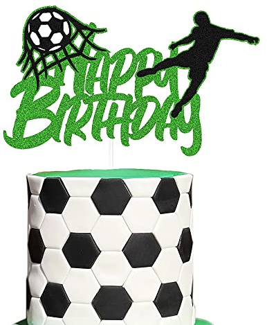 IRYNA 1 Pack Football Cake Topper Happy Birthday Cake Topper Black and Green Glitter Football Cake Decorations for Soccer Theme Man Boy Girl Birthday Party Decorations