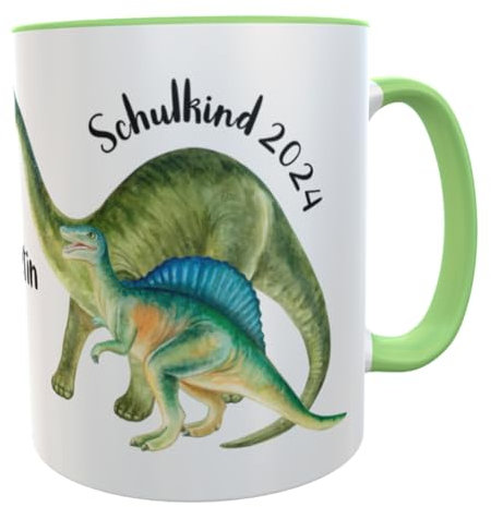 Schulkind-Tasse T-Rex mit Name, Becher für echte Dinofans Kindertasse Dinosaurier Mug Schulstart lustiger Spruch inkl. Geschenkverpackung (Schulkind T-Rex)