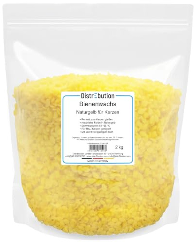 DistrEbution Bienenwachs Pastillen 2kg, 100% Rein, Naturgelb – Für Kerzen gießen, geringe Rußentwicklung & gleichmäßiges Abbrennen, Schmelzpunkt 61–65 °C, Ohne Paraffin