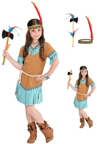 CARTOON Costume di Carnevale + Accessori, Indiana, Ascia, Fascia con Piuma, Vestito, Travestimento, per Bambini, Halloween, Feste a Tema (5-7 Anni)