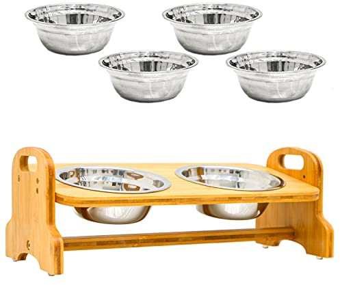 DuneDesign 4 Schalen: Ergonomischer Hundenapf kleine Hunde - Katzennapf erhöht - 40x18x15 Bambus Hundefutter Station Katzen Essen Station - Futternapf Hund Katzenfutter Station Fressnapf Kleine Hunde