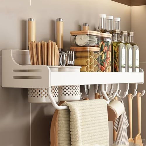 Bettschlange Gewürzregal Ohne Bohren, Gewürzregal Wand Hängend mit Messerschlitz, Haken, Becher, Küchenregal Ohne Bohren für Küche und Bad, Gewürz Organizer Wand Für Küchenutensilien,60cm Weiß