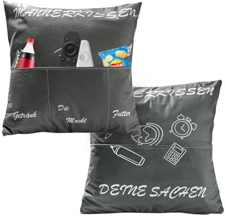MUYAPAY Kissenbezug mit Taschen 45x45cm Plüsch Dekokissen Fernbedienung | 3 Taschen für Bier Snacks Geschenk Männer Papa Opa Vatertag Weihnachten