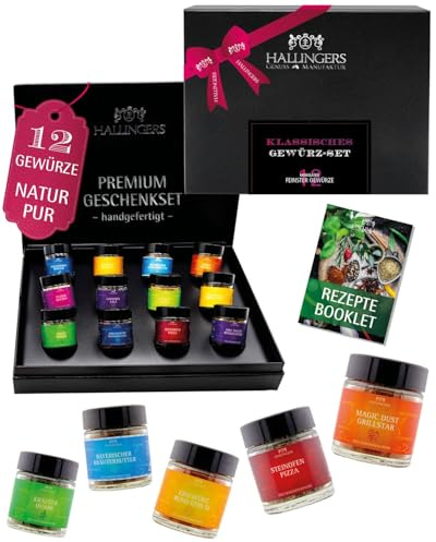 Hallingers Genuss Manufaktur Gewürz Geschenk-Set - 12 Gewürze aus aller Welt in wertiger Geschenkbox mit Rezept-Booklet Klassisches Gew..., Geschenkidee für Frauen Männer