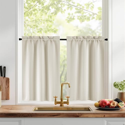 PONY DANCE Kurze Gardine Blickdicht Hellbeige Schrankvorhänge Wohnzimmer | 2er Set H 120 x B 60 cm, Scheibengardine Modern, Verdunklungsvorhänge, Küchenvorhang, mit Stangendurchzug, Hitzeschutz