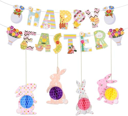 Easter Decorations 19pcs – Happy Easter Banner, Easter Bunting & 3D Honeycomb Bunny Decorations for Easter Party, Home, School, Spring Decoration