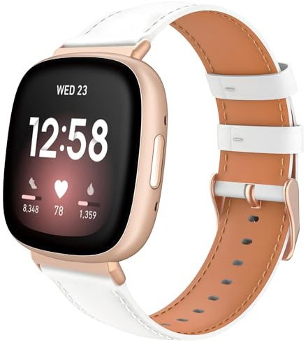 TiMOVO Leder Armband Kompatibel mit Fitbit Versa 4/Versa 3/Sense 2/Sense Uhrenarmband, Genarbtes Echtes Klassisches Leder Ersatzarmband für Damen und Herren, Weiß