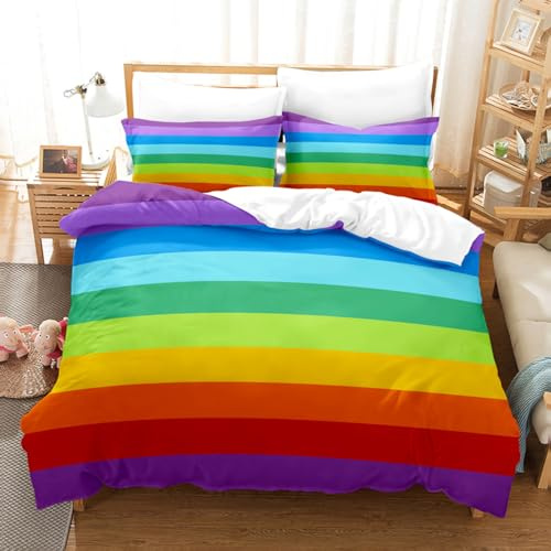 ZZTBQ Bettwäsche für Kinder 135x200 Kinderbettwäsche Bettbezug und Kissenbezug-Set Streifen-Muster Regenbogenfarben Bunt Regenbogen Einzelbettwäsche Set
