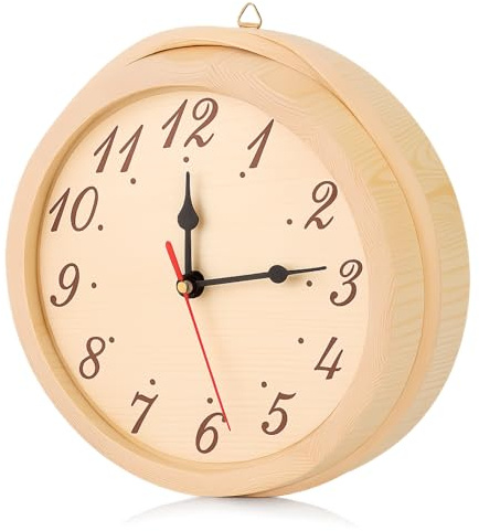 Changor Sauna Clock with Numbers, 9.1in Number Wood Shower Timer for Home Gym Living Bathroom Room, Wooden Decorative Retro Round Wall Clock, Spas Sauna Room Accessories