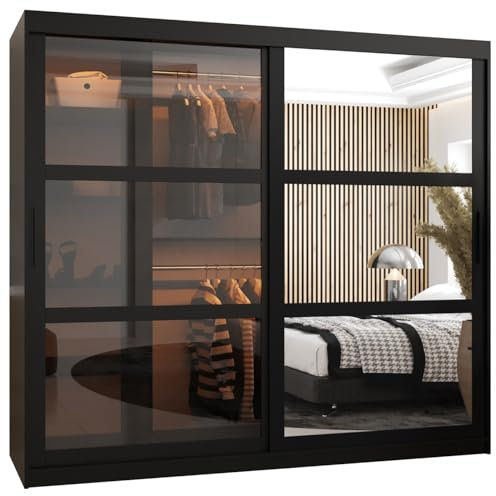 MEBLE KRYSPOL Dome 2 Schrank mit Zwei Schiebetüren mit Spiegel, Stangen und Regalen - Aufbewahrungsschrank mit Rauchglas für Schlafzimmer, Wohnzimmer - 200x200x62cm - Schwarz, Schwarz, Schwarz