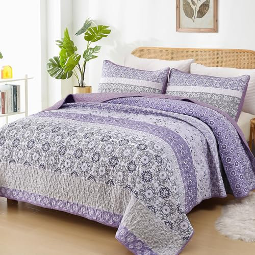 WONGS BEDDING Boho-Bettwäsche-Set, Queen-Size-Größe, Lavendel-Lila, Bohemian-Stil, gestreift, Patchwork-Tagesdecke, 3-teiliges Mikrofaser-Bettwäsche-Set für alle Jahreszeiten (243,8 x 228,6 cm)