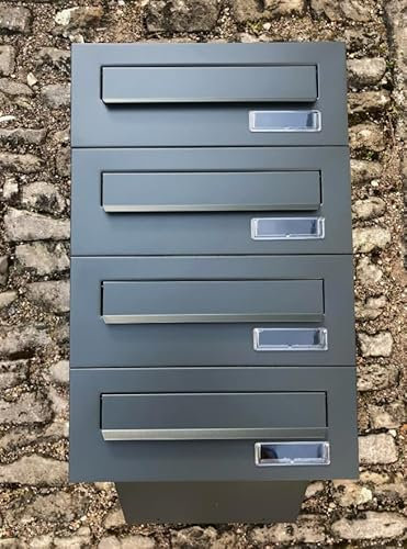 ALSTEN TECH 4er Vierfach Mauerdurchwurf Briefkasten für Mehrfamilienhaus oder Büro - Briefkastenanlage zum Einmauern - 4 Familienhaus 4fach Namensschild Anthrazitgrau Matt RAL7016 Einbaubriefkasten
