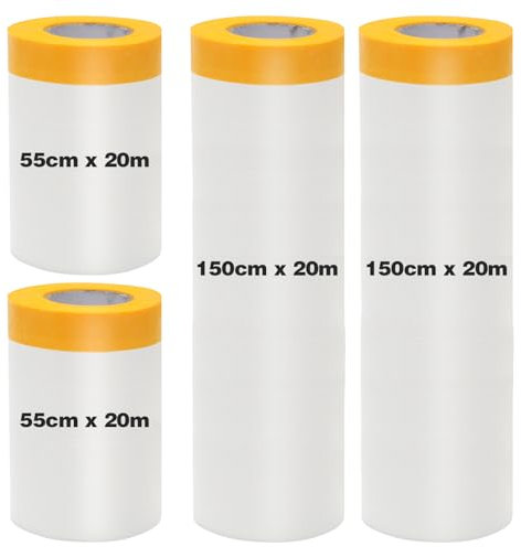 Abdeckfolie Klebeband mit Folie, Insgesamt 80 meter Abdeckfolie mit Klebeband (150cm*20/55cm*20m), Klebeband Maler Abdeckfolien Malerfolien zum Staubschutz und Spritzschutz (4 Rollen)